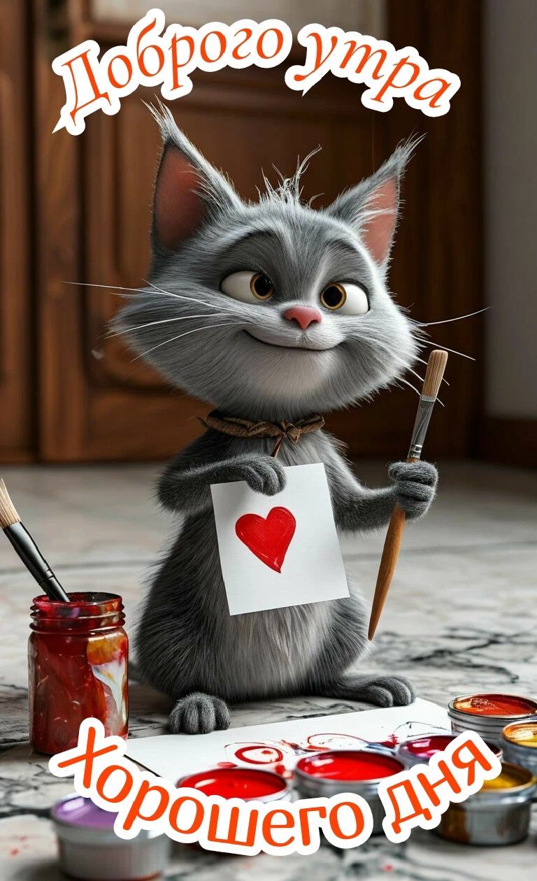 Открытка «С добрым утром»: Доброе утро и хорошего дня от милого котика с сердечком. Тэги: хорошего дня, кот, животное…