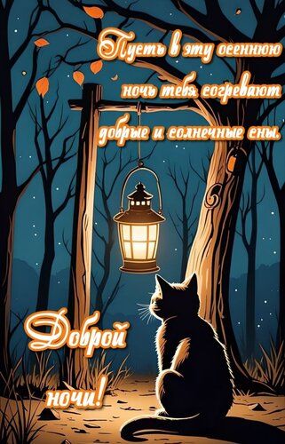 Открытка «Кот»: Добрый ночи! Осенняя открытка с котом и фонарем. Тэги: животное, пожелание, осень, фонарь, настроение…
