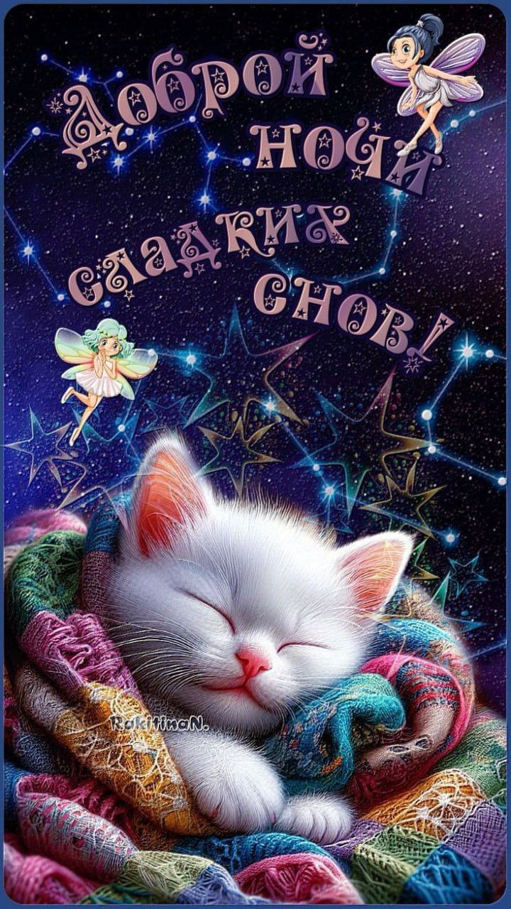 Открытка «Доброй ночи»: Милый котейка спит в окружении звезд.