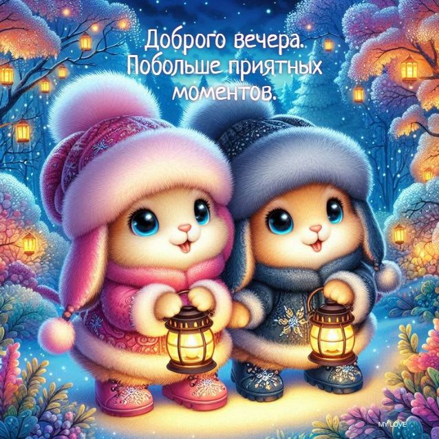 Открытка «Пожелание»: Добрый вечер с милыми зайчиками и фонариками. Тэги: позитивный, милый, животное, уют, зима…