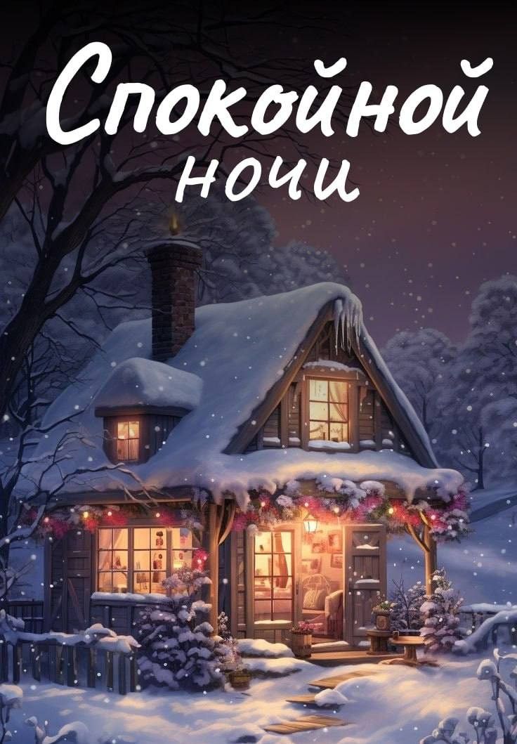 Открытка «Спокойной ночи»: Уютная зимняя ночь в деревенском домике. Тэги: Спокойной ночи, красивые, Спокойной, зимней…