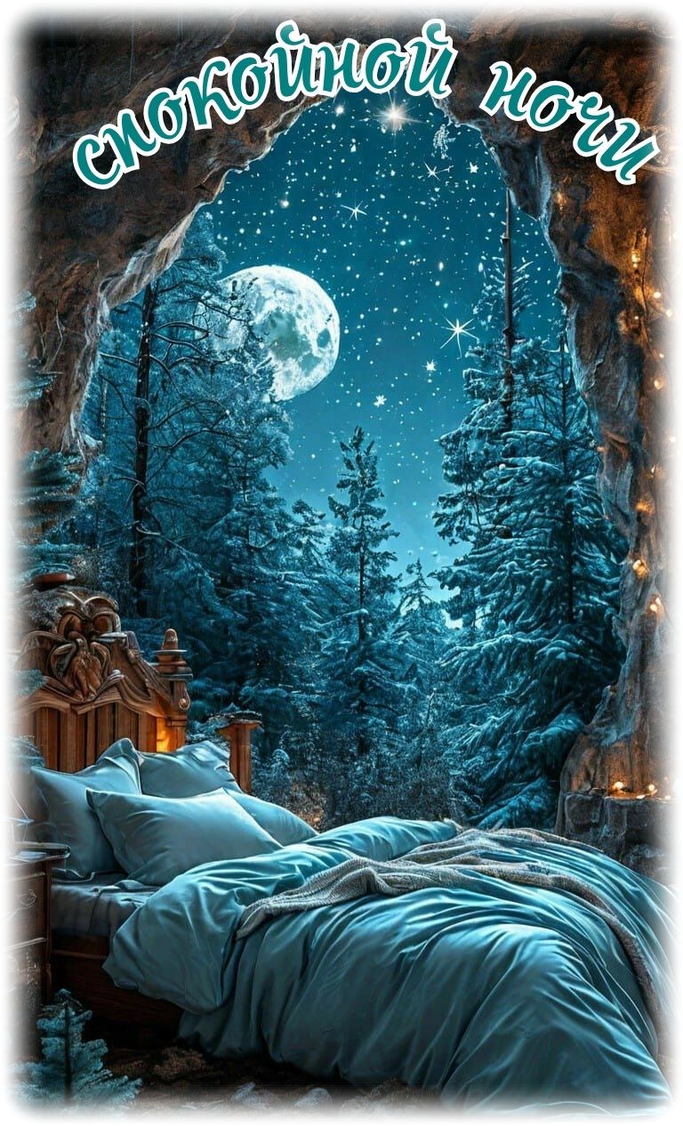 Открытка «Спокойной ночи»: Спокойной ночи: магическая зимняя сказка. Тэги: зима, дерево, красивый, нежный, елка, снег…
