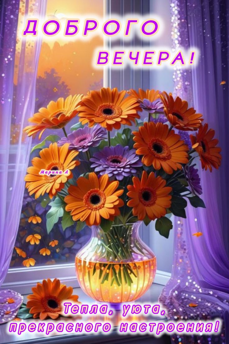 Открытка «Добрый вечер и пожелания»: Уютного вечера с герберами!. Тэги: Добрый позитивный вечер, Доброго вечера и хор…