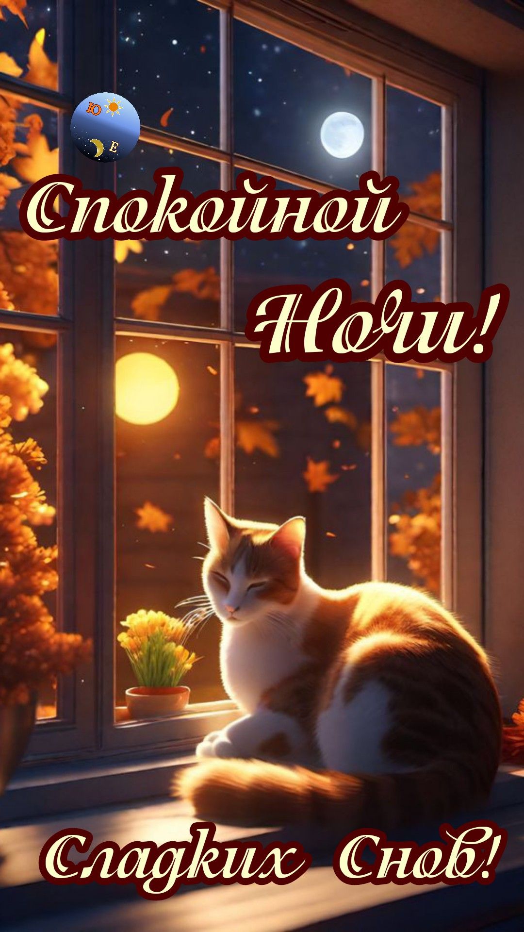 Открытка «Доброй ночи»: Спокойной ночи с милым котом у окна.