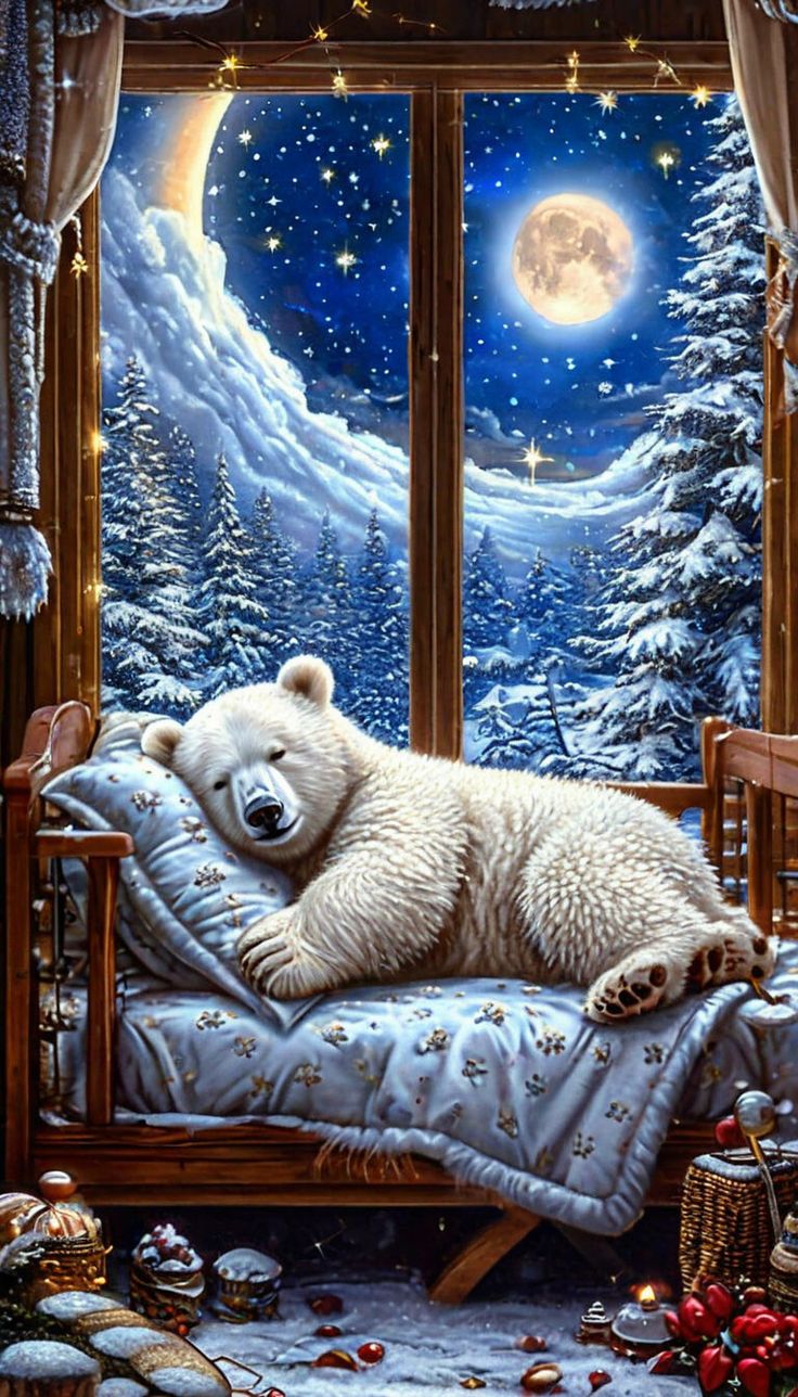 Открытка «Доброй ночи»: Сладкий зимний сон белого медвежонка.