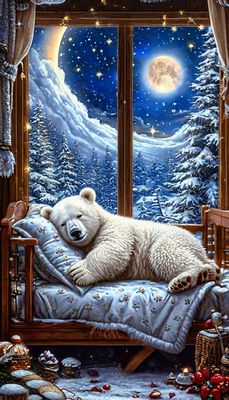 Открытка «Доброй ночи»: Сладкий зимний сон белого медвежонка.