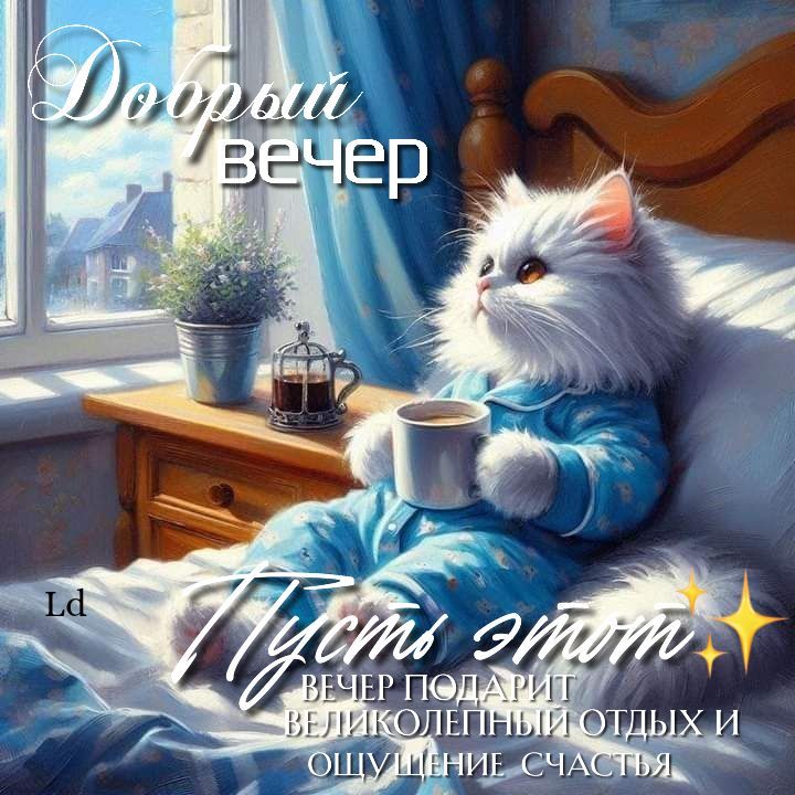 Открытка «Добрый позитивный вечер»: Пушистый котёнок желает доброго вечера. Тэги: Добрый вечер, с котиками, Доброго…