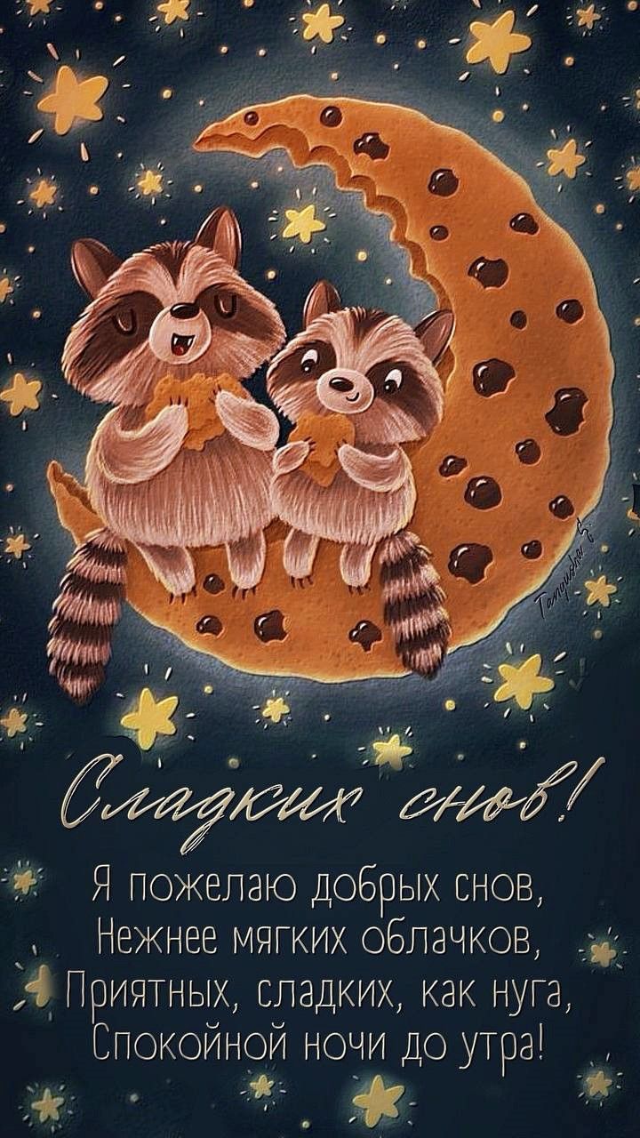 Открытка «Спокойной ночи»: Сладких снов и доброй ночи с енотами на месяце. Тэги: Добрый вечер и пожелания, Добрый веч…