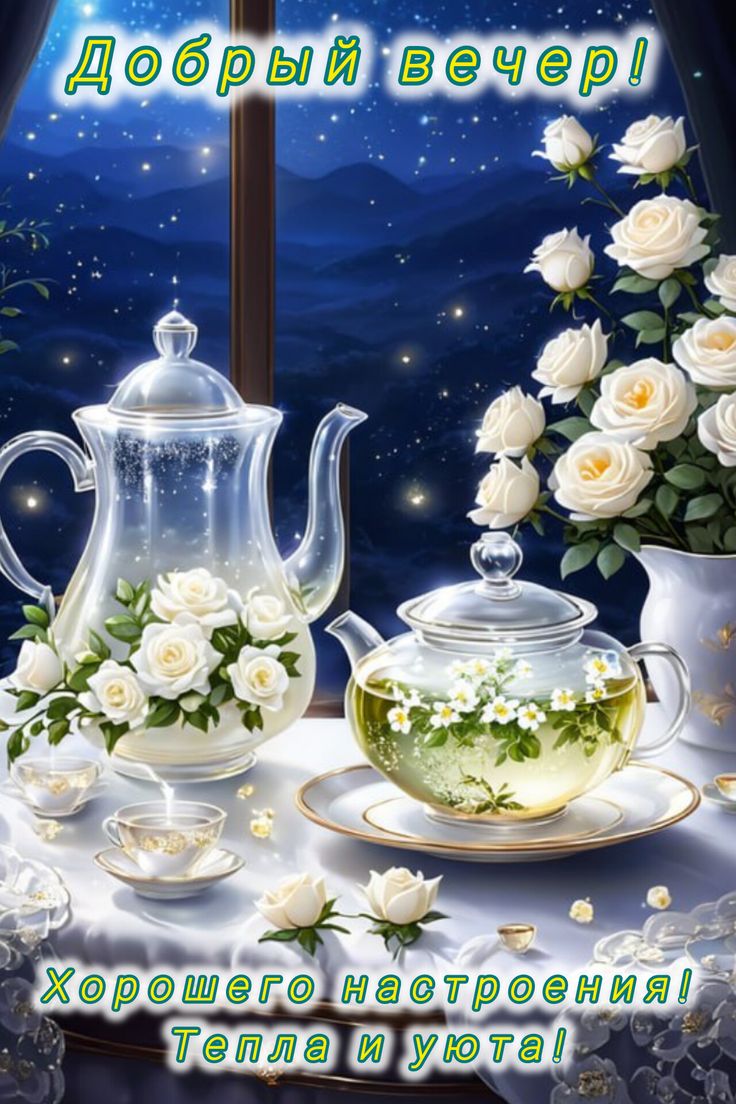 Открытка «Добрый вечер и пожелания»: Уютный вечер с чашкой чая и нежными розами. Тэги: Доброго вечера и хорошего наст…