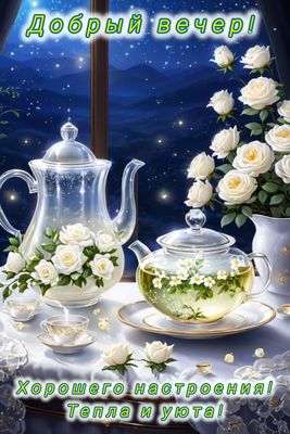 Открытка «Добрый вечер и пожелания»: Уютный вечер с чашкой чая и нежными розами. Тэги: Доброго вечера и хорошего наст…