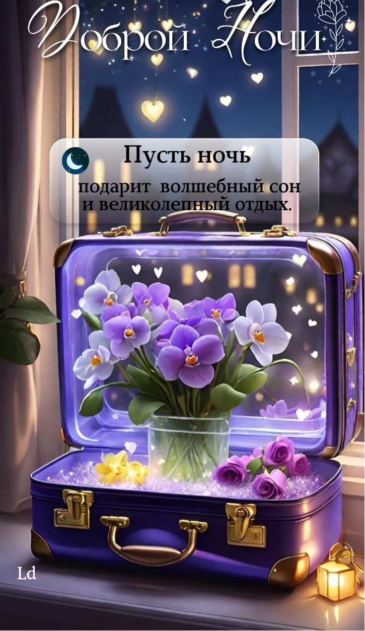 Открытка «Доброй ночи»: Волшебный сон в сиреневом чемодане.