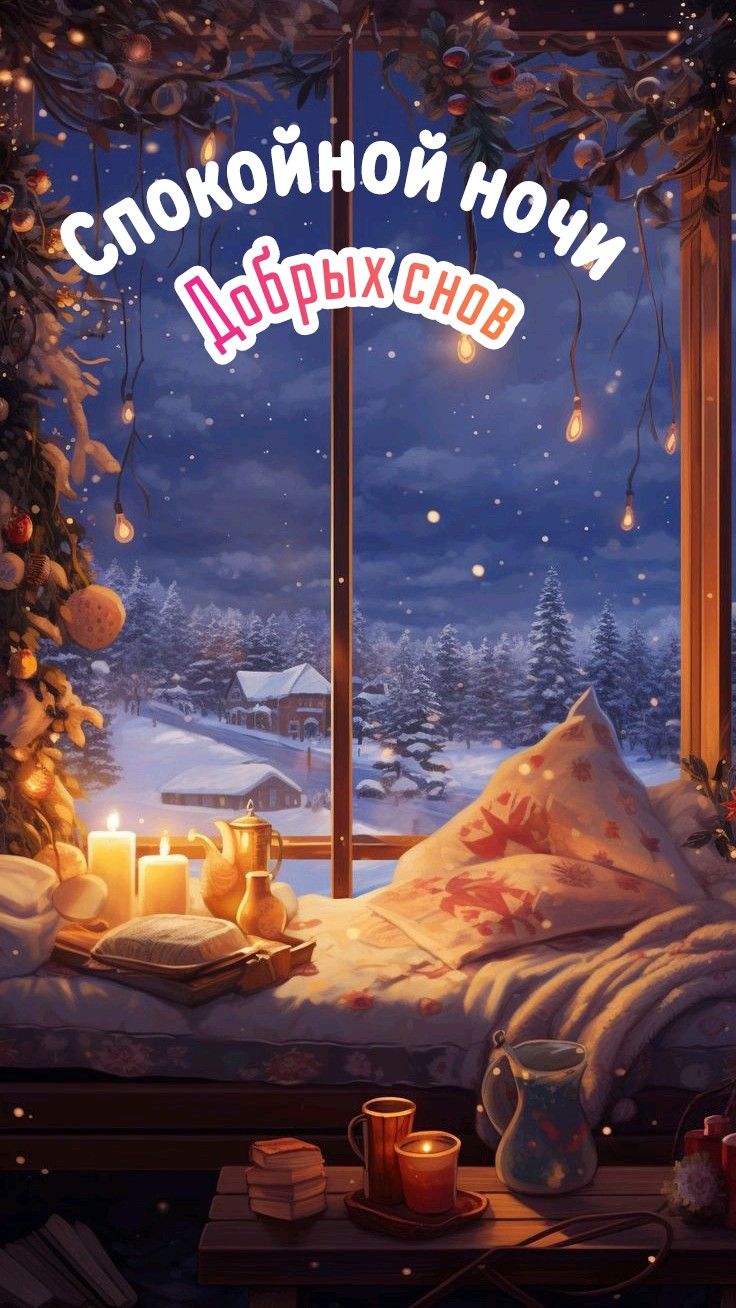 Открытка «Спокойной ночи»: Спокойной ночи и добрых снов в зимнюю сказку!. Тэги: пожелание, настроение, праздник, уют…