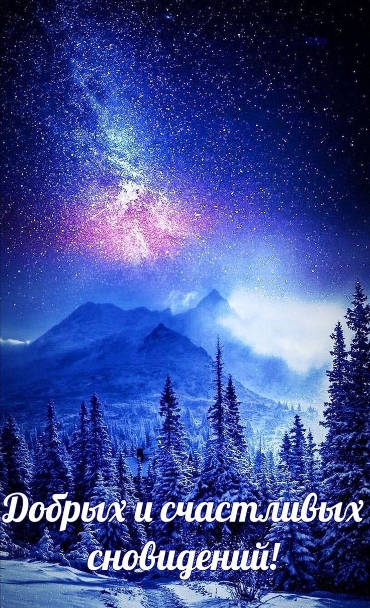 Открытка «Спокойной ночи»: Спокойной ночи: Зимний пейзаж под звёздным небом. Тэги: пожелание, позитивный, зима, дерево…