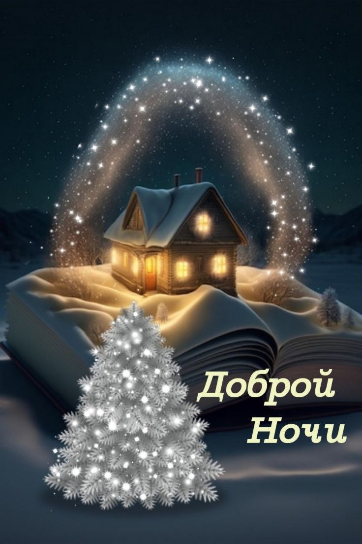 Открытка «Доброй ночи»: Волшебная зимняя ночь с пожеланиями. Тэги: пожелание, уют, зима, елка, снег, книга, дом…