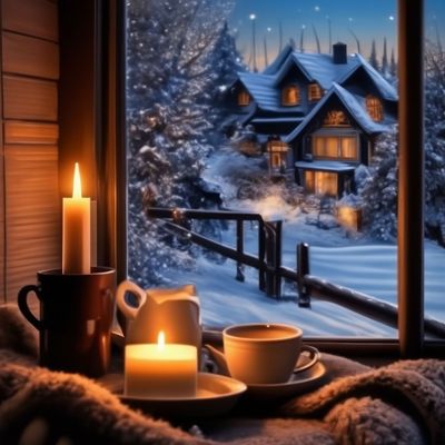 Открытка «С добрым утром»: Уютное утро в зимней сказке: вид из окна. Тэги: С добрым зимним утром, С добрым, кофейным…
