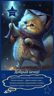 Открытка «Спокойной ночи»: Добрый вечер, друг! Волшебный котик желает «Спокойной ночи»!. Тэги: волшебник, Добрый вече…