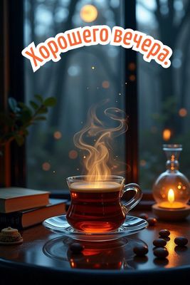 Открытка «Настроение»: Уютного вечера с чашкой ароматного чая. Тэги: чай, уют, чашка, напиток, книга, свет, пар…