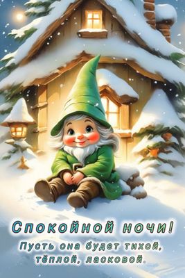 Открытка «Спокойной ночи»: Спокойной ночи с милым гномом. Тэги: Спокойной ночи, с пожеланиями, Спокойной, нежной ночи…