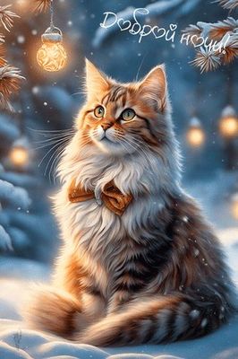 Открытка «Доброй ночи»: Добрый ночи! Котик в зимней сказке.