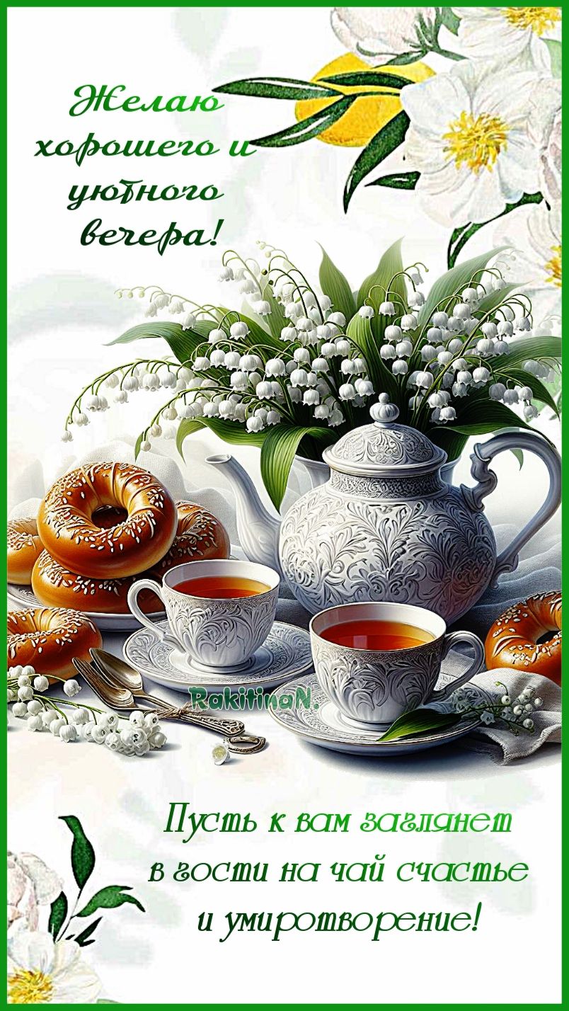 Открытка «Добрый вечер и пожелания»: Уютный вечер с чаем и ландышами. Тэги: Добрый вечер красивые, Доброго вечера и х…