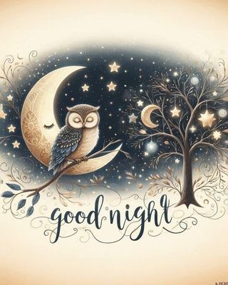 Открытка «Добрый вечер и пожелания»: Спокойной ночи: сова на луне под звездным небом. Тэги: Добрый вечер красивые…