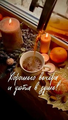 Открытка «Добрый вечер и пожелания»: Уютный вечер с чаем и мандаринами. Тэги: Добрый зимний вечер, Доброго вечера и х…