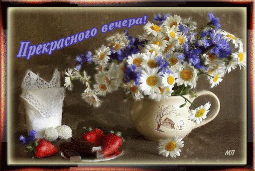 Открытка «Добрый вечер и пожелания»: Прекрасного вечера в уютной компании цветов и сладостей. Тэги: Добрый вечер крас…