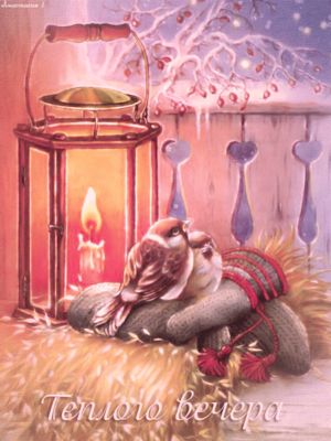 Открытка «Добрый зимний вечер»: Уютный вечер: воробушки и теплая свеча. Тэги: Добыий вечер, гифки, Доброго, прекрасно…