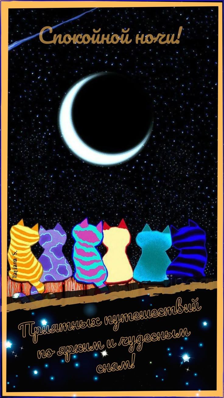 Открытка «Спокойной ночи»: Спокойной ночи и ярких снов с котами. Тэги: Спокойной ночи, с пожеланиями, Спокойной ночи…