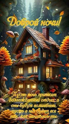 Открытка «Доброй ночи»: Спокойной ночи и сладких снов в уютном домике.