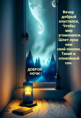 Открытка «Доброй ночи»: Спокойной ночи: Луна, лес и уютный свет свечи.
