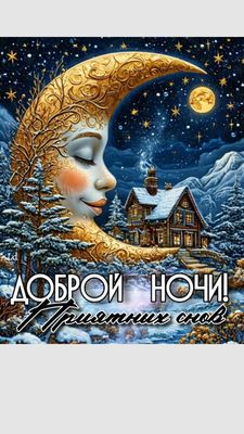 Открытка «Добрый вечер и пожелания»: Спокойной ночи под взглядом спящей луны. Тэги: Добрый зимний вечер, Добрый вечер…
