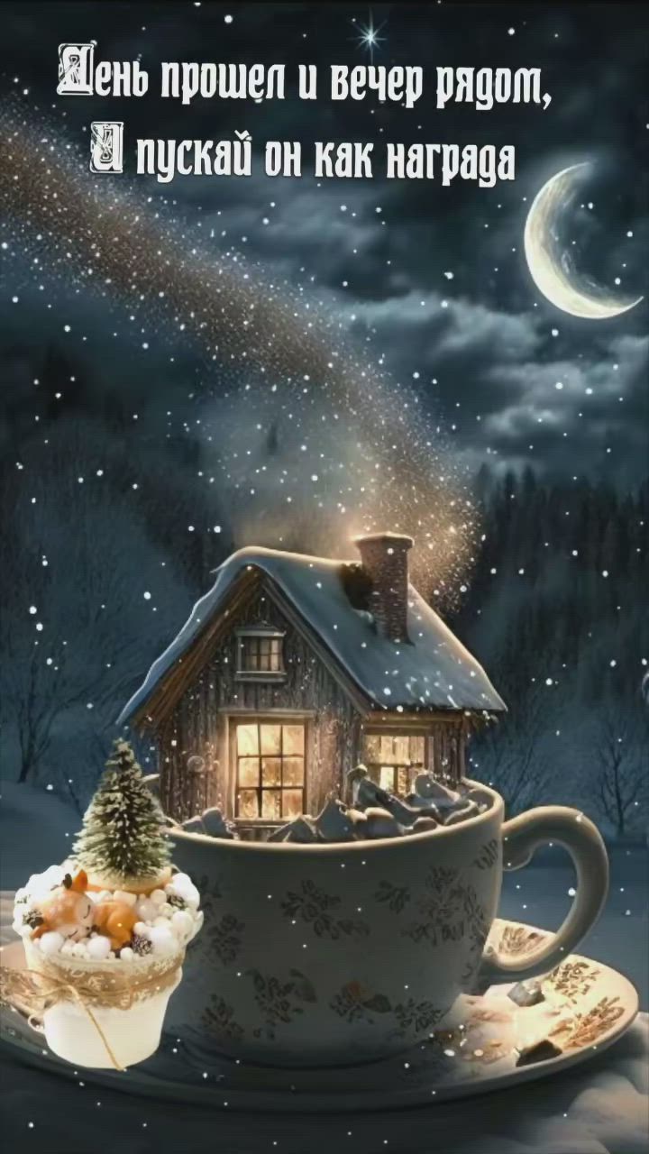 Открытка «Награда»: Уютный зимний вечер: дом в чашке и падающие звезды. Тэги: Добрый вечер и пожелания, Добрый зимний…