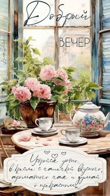 Открытка «Добрый вечер и пожелания»: Уютный вечер с ароматным чаем и прекрасными мыслями. Тэги: Добрый вечер красивые…