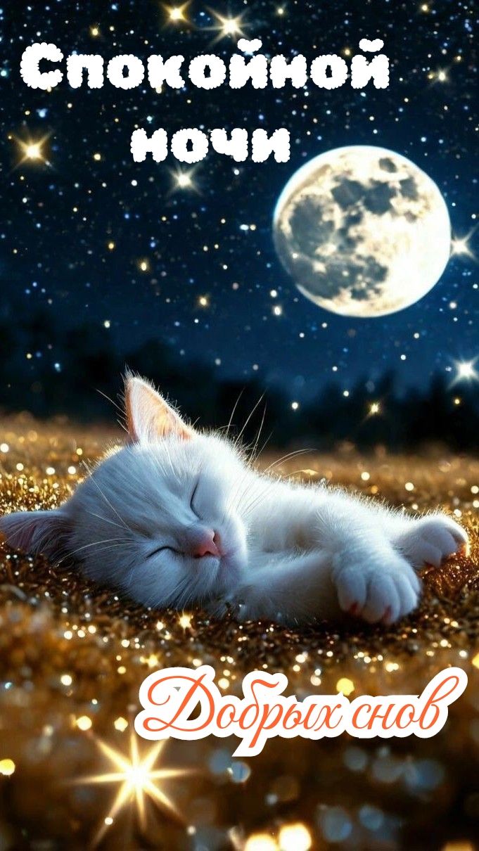 Открытка «Спокойной ночи»: Спокойной ночи и добрых снов с милым котиком. Тэги: Спокойной ночи, красивые, Спокойной но…