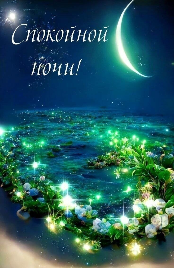 Открытка «Спокойной ночи»: Звёздная ночь и мерцающие цветы под луной. Тэги: Спокойной ночи, красивые, Спокойной ночи…