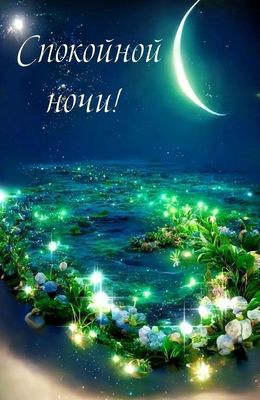 Открытка «Спокойной ночи»: Звёздная ночь и мерцающие цветы под луной. Тэги: Спокойной ночи, красивые, Спокойной ночи…