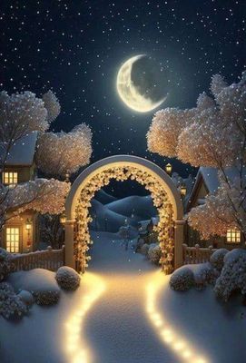 Открытка «Доброй ночи»: Доброй ночи: сказочная зимняя улица под луной.