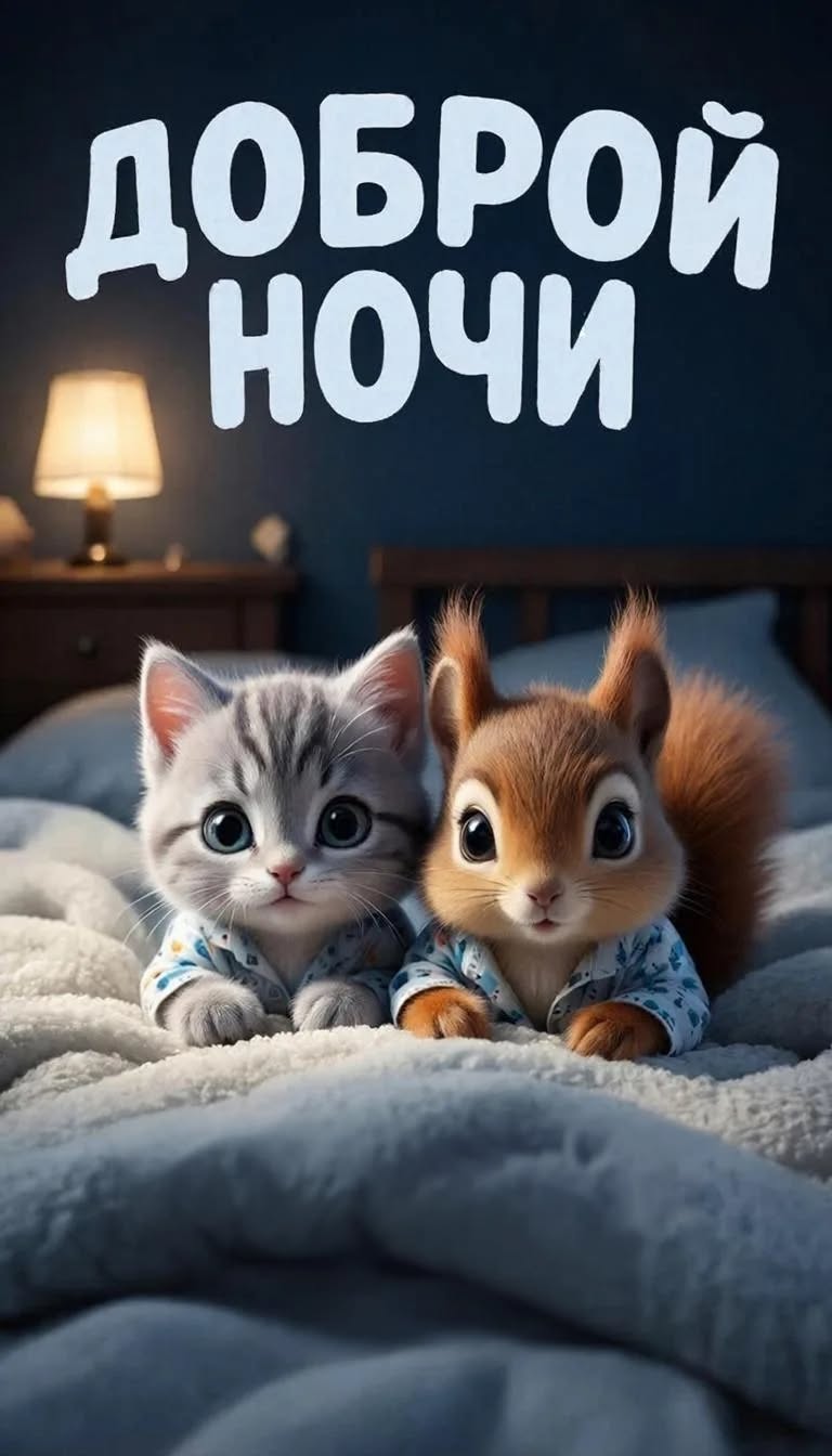 Открытка «Кот»: Доброй ночи: Уютная открытка с милыми зверятами. Тэги: рисунок, милый, добрый, животное, одеяло, ночь…
