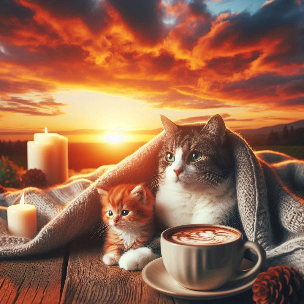 Открытка «Пожелание»: Добрый вечер: уютный кот с кинком и кофе при свечах. Тэги: кот, кофе, милый, уют, солнце…