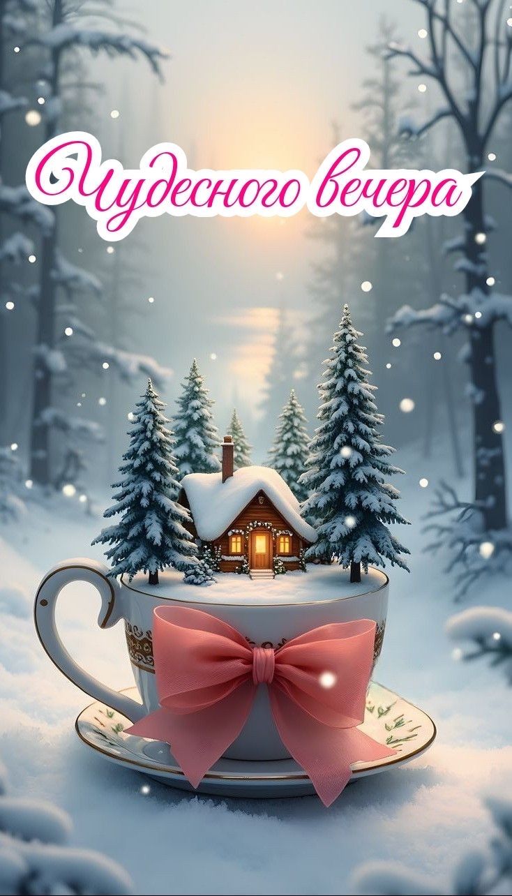 Открытка «Добрый зимний вечер»: Чудесного вечера: Зимняя сказка в чашке. Тэги: Доброго, прекрасного вечера, Добрый ве…