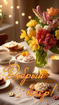 Открытка «Добрый вечер и пожелания»: Добрый вечер: уютная открытка с цветами и какао. Тэги: Добрый вечер красивые…