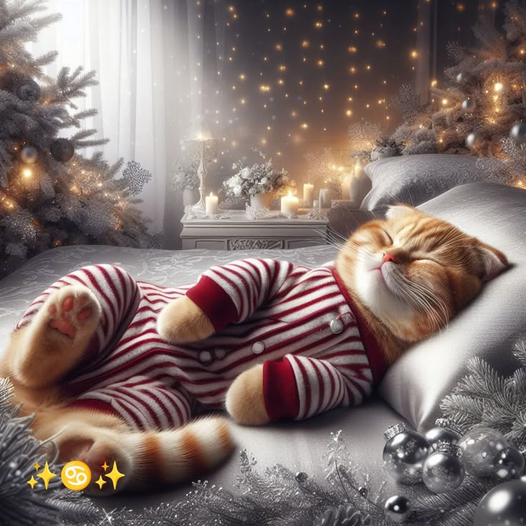 Открытка «Доброй ночи»: Доброй ночи: мультяшный рыжий кот спит в новогодней пижаме. Тэги: кот, праздник, милый, зима…