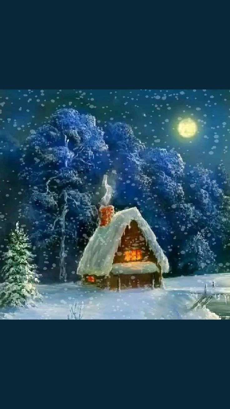 Открытка «Доброй ночи»: Доброй ночи: «Сказочный зимний домик» в снежном лесу.