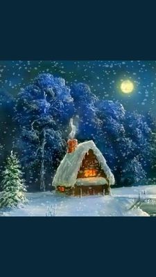 Открытка «Доброй ночи»: Доброй ночи: «Сказочный зимний домик» в снежном лесу.
