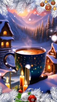 Открытка «Добрый вечер и пожелания»: Добрый вечер! Уютная зима, свечи и чашка кофе. Тэги: Добрый зимний вечер, Добрый…