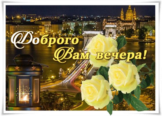 Открытка «Добрый вечер и пожелания»: «Доброго Вам вечера»: ночной город и белые розы. Тэги: Добрый вечер красивые…