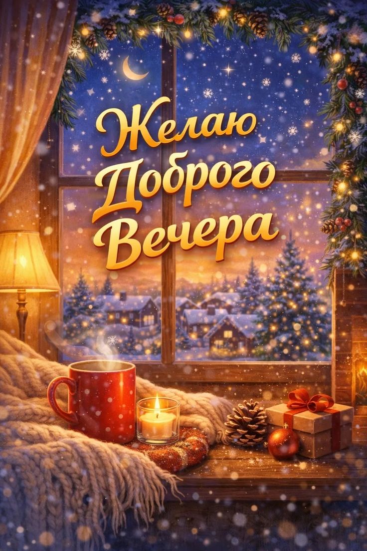 Открытка «Пожелание»: Добрый вечер: «Уютная зима с подарками». Тэги: кофе, праздник, чай, чашка, зима, красивый, окно…