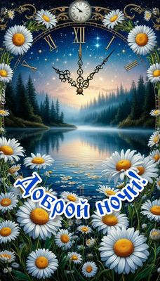 Открытка «Доброй ночи»: Доброй ночи: красивый пейзаж с озером и ромашками. Тэги: час
