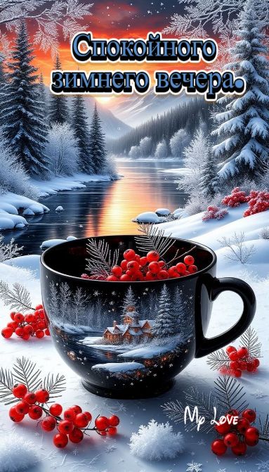 Открытка «Добрый вечер и пожелания»: Спокойного зимнего вечера: уютная открытка с ягодами. Тэги: Добрый зимний вечер…